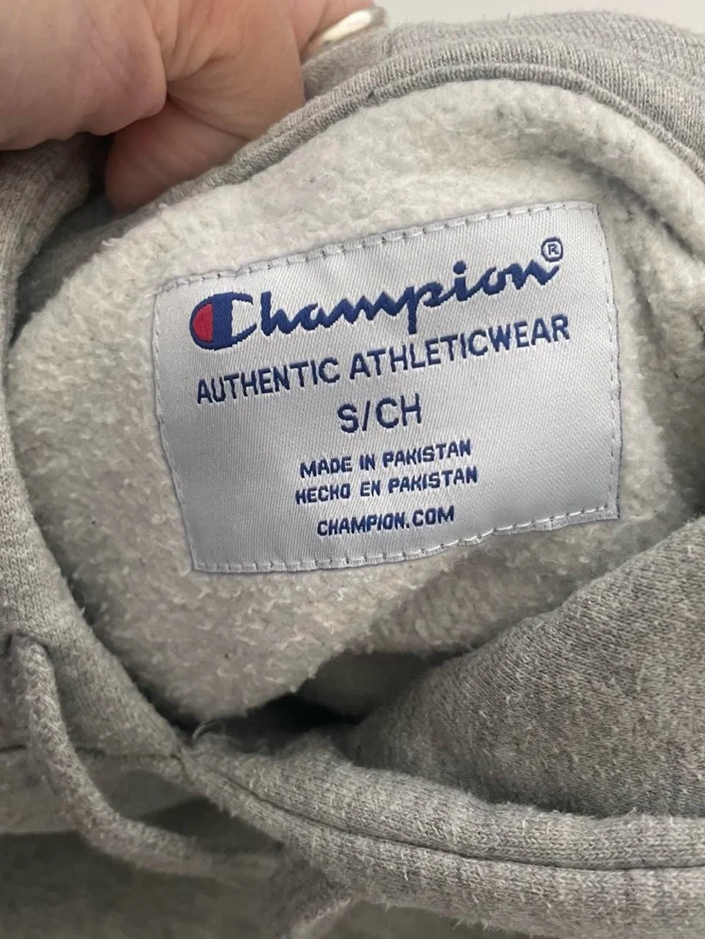 Champion Men’s Gray Crewneck Hoodie with Script Sleeve Logo